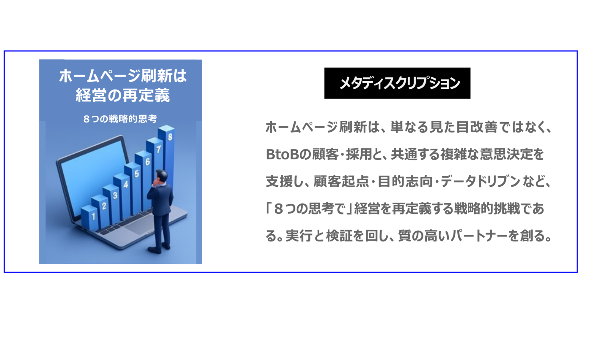 ホームページ刷新は、単なる見た目改善ではなく、BtoBの顧客・採用と、共通する複雑な意思決定を支援し、顧客起点・目的志向・データドリブンなど、「８つの思考で」経営を再定義する戦略的挑戦である。実行と検証を回し、質の高いパートナーを創る。