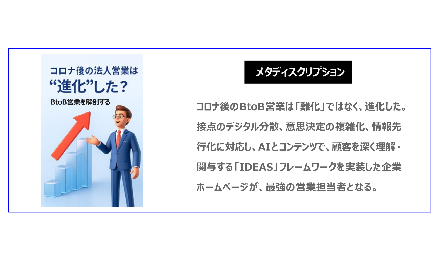 コロナ後のBtoB営業は「難化」ではなく、進化した。接点のデジタル分散、意思決定の複雑化、情報先行化に対応し、AIとコンテンツで、顧客を深く理解・関与する「IDEAS」フレームワークを実装した企業ホームページが、最強の営業担当者となる。