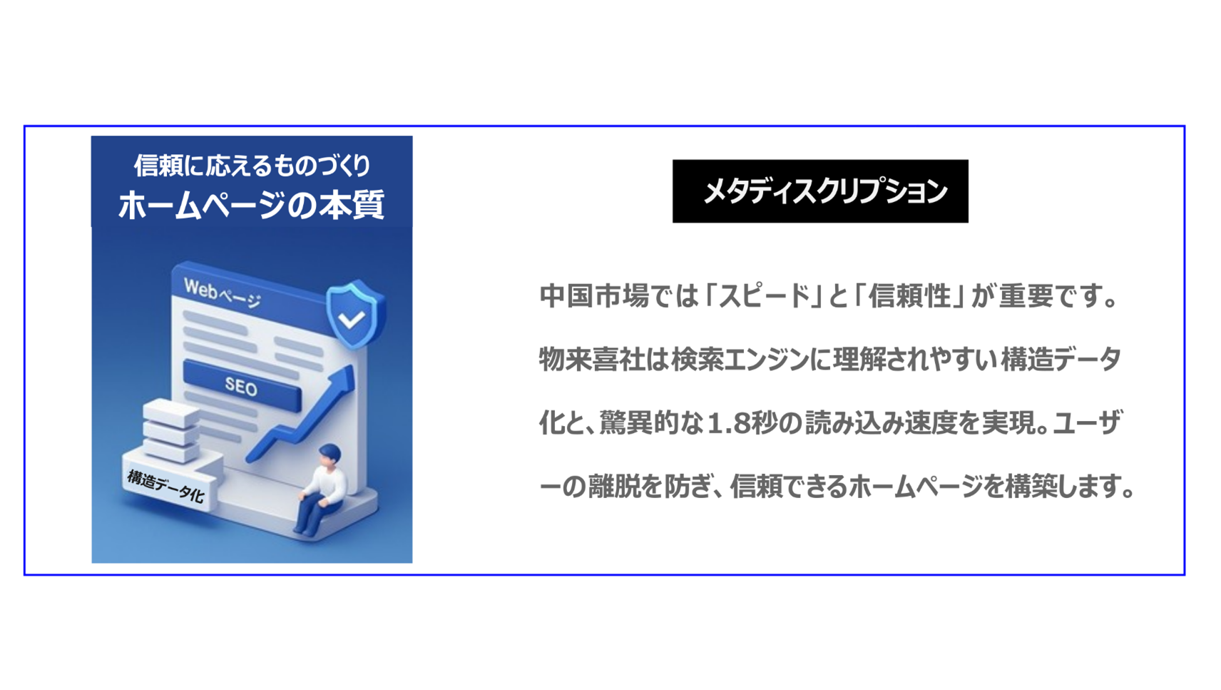 中国市場では「スピード」と「信頼性」が重要です。物来喜社は検索エンジンに理解されやすい構造データ化と、驚異的な1.8秒の読み込み速度を実現。ユーザー離脱を防ぎ、信頼できるホームページを構築します。
