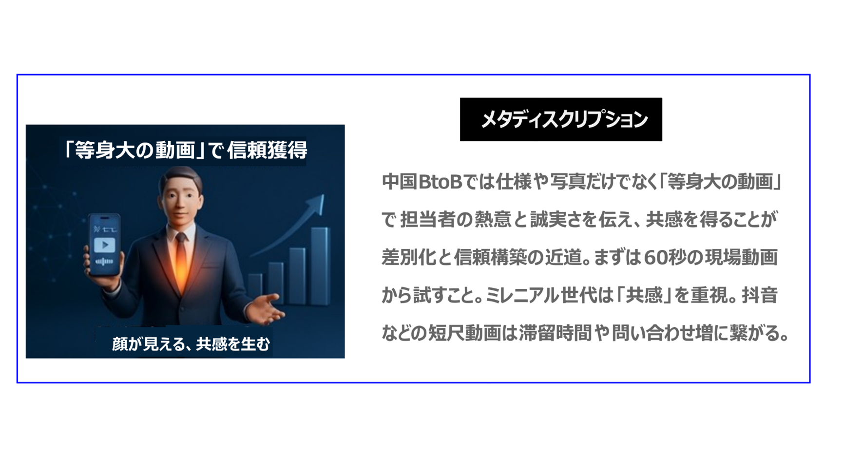 中国BtoBでは仕様や写真だけでなく「等身大の動画」で担当者の熱意と誠実さを伝え、共感を得ることが差別化と信頼構築の近道。まずは60秒の現場動画から試すこと。ミレニアル世代は「共感」を重視。抖音などの短尺動画は滞留時間や問い合わせ増に繋がる。